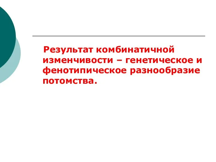 Результат комбинатичной изменчивости – генетическое и фенотипическое разнообразие потомства.