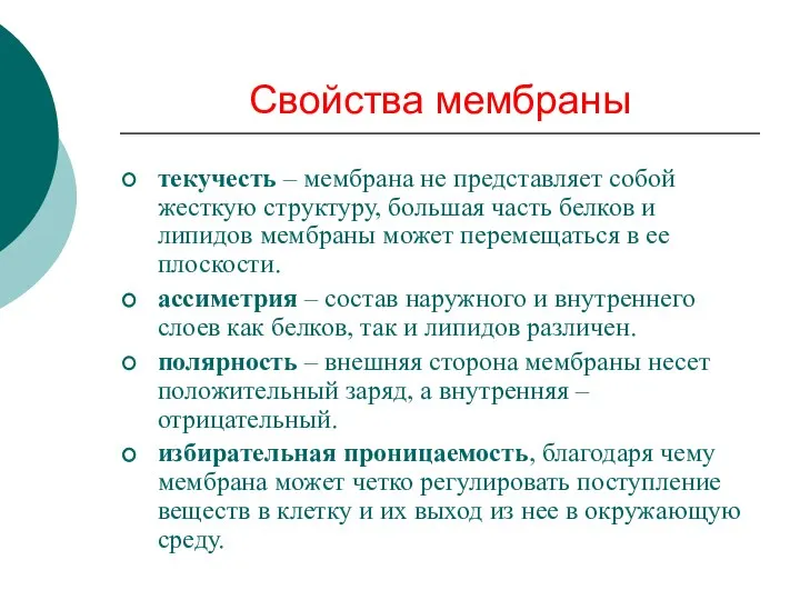 Свойства мембраны текучесть – мембрана не представляет собой жесткую структуру, большая