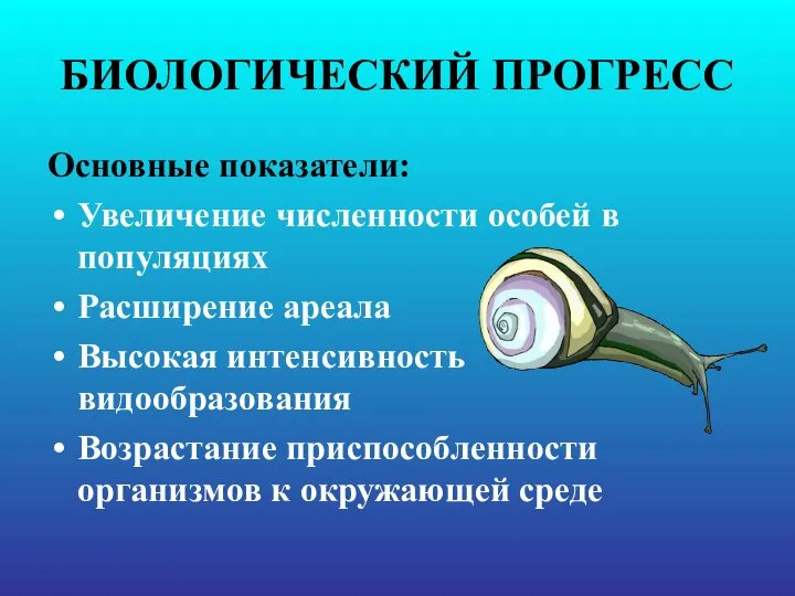 БИОЛОГИЧЕСКИЙ ПРОГРЕСС Основные показатели: Увеличение численности особей в популяциях Расширение ареала