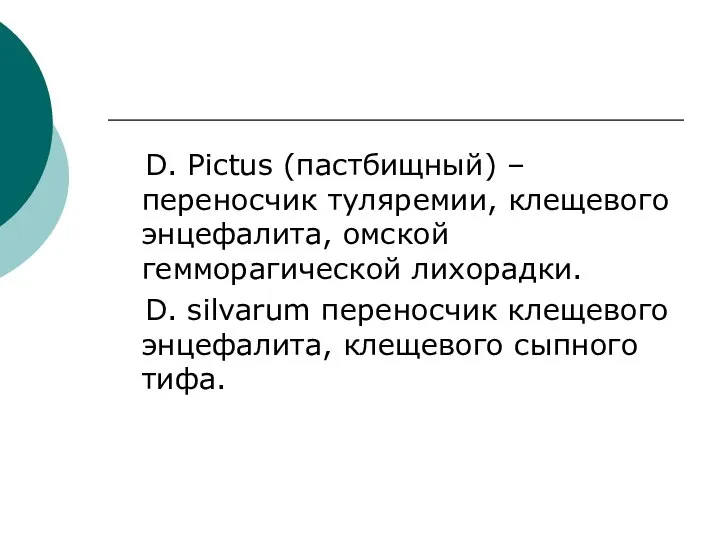 D. Pictus (пастбищный) – переносчик туляремии, клещевого энцефалита, омской гемморагической лихорадки.