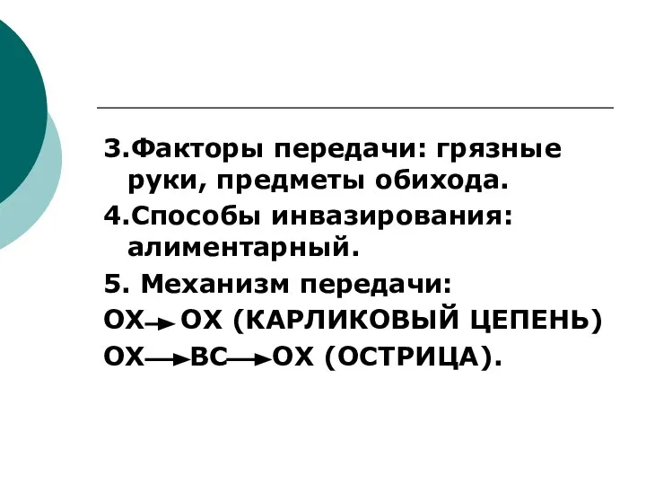 3.Факторы передачи: грязные руки, предметы обихода. 4.Способы инвазирования: алиментарный. 5. Механизм