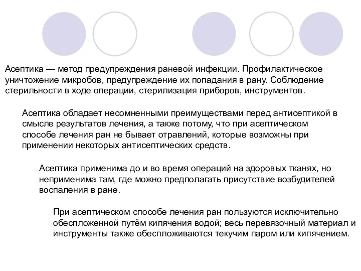 Асептика — метод предупреждения раневой инфекции. Профилактическое уничтожение микробов, предупреждение их