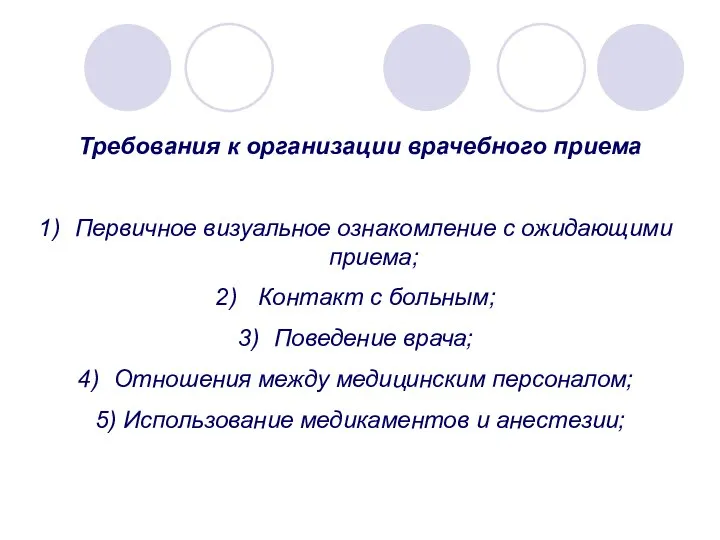 Требования к организации врачебного приема Первичное визуальное ознакомление с ожидающими приема;