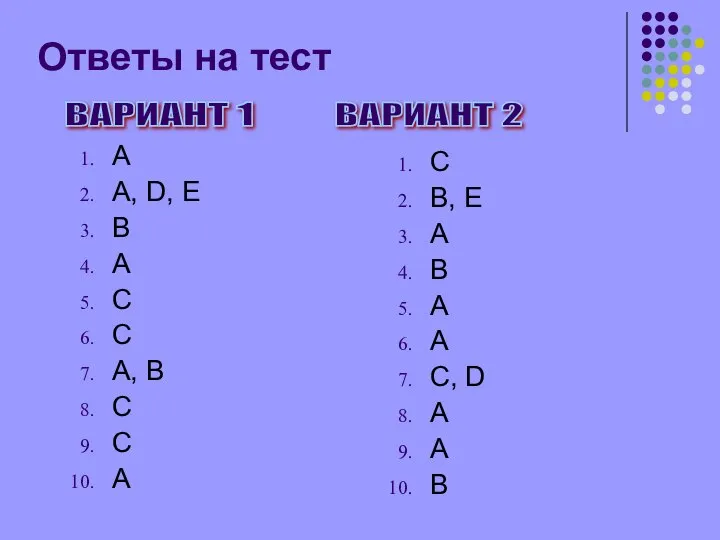 Ответы на тест А А, D, E B A C C