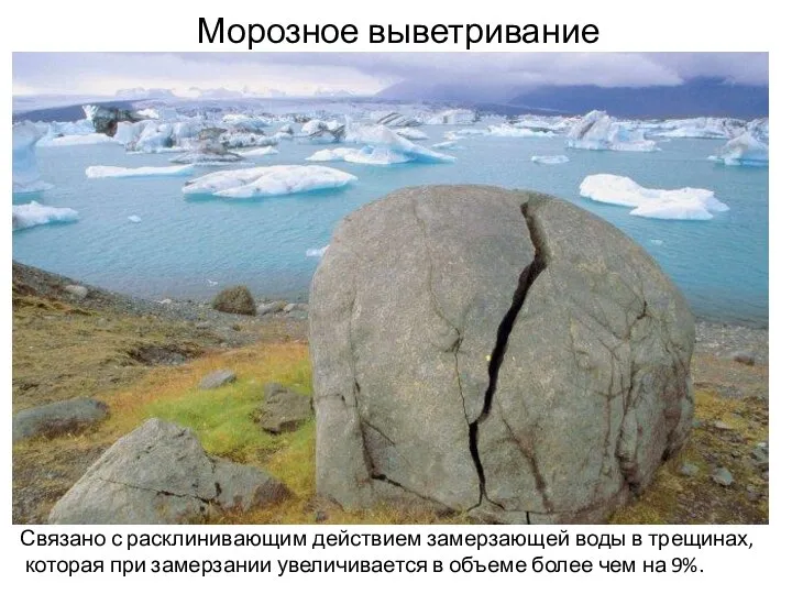 Связано с расклинивающим действием замерзающей воды в трещинах, которая при замерзании