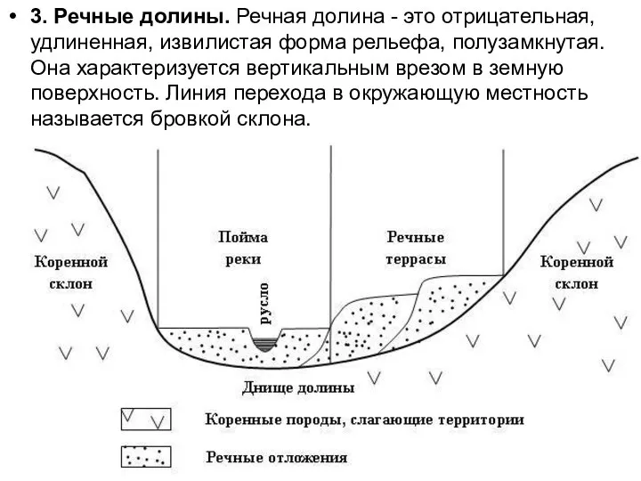 3. Речные долины. Речная долина - это отрицательная, удлиненная, извилистая форма