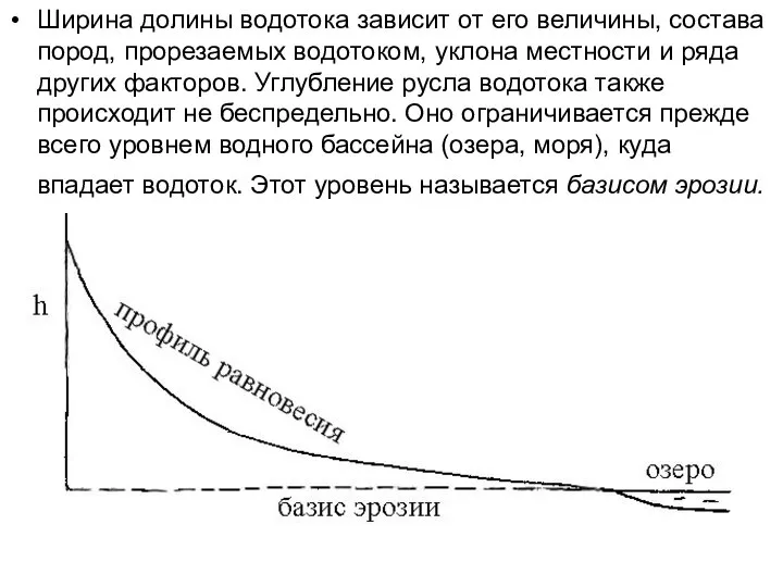 Ширина долины водотока зависит от его величины, состава пород, прорезаемых водотоком,