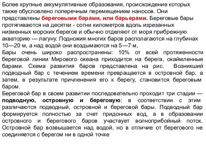 Более крупные аккумулятивные образования, происхождение которых также обусловлено поперечным перемещением наносов.