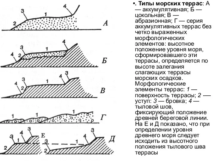 . Типы морских террас: А — аккумулятивная; Б — цокольная; В