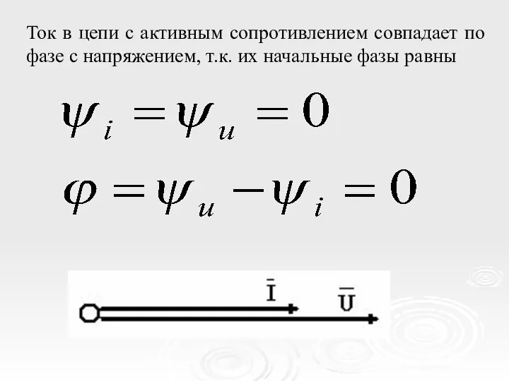 Ток в цепи с активным сопротивлением совпадает по фазе с напряжением, т.к. их начальные фазы равны