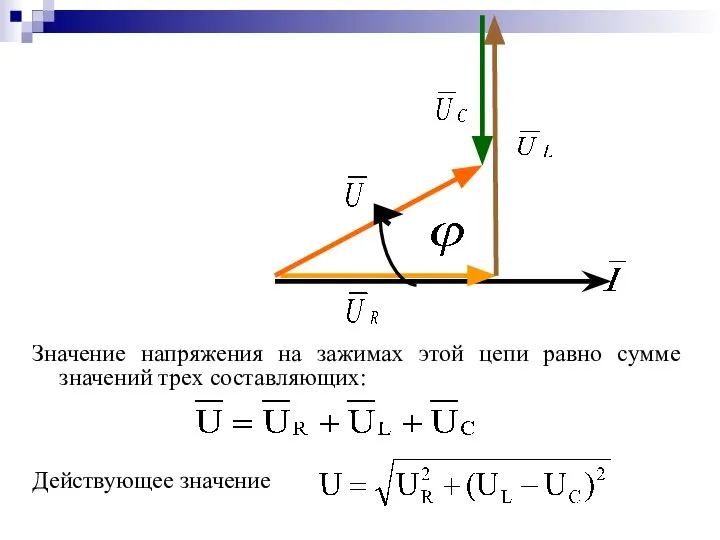 Значение напряжения на зажимах этой цепи равно сумме значений трех составляющих: Действующее значение