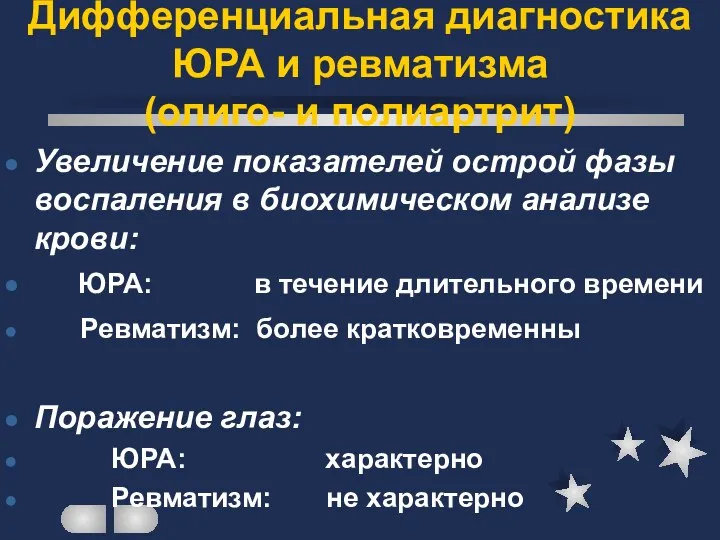 Дифференциальная диагностика ЮРА и ревматизма (олиго- и полиартрит) Увеличение показателей острой