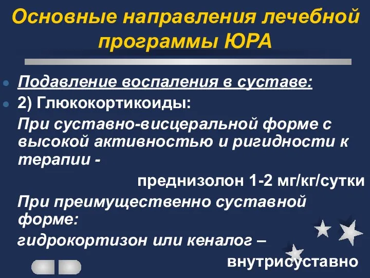 Основные направления лечебной программы ЮРА Подавление воспаления в суставе: 2) Глюкокортикоиды: