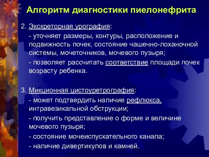 Алгоритм диагностики пиелонефрита 2. Экскреторная урография: - уточняет размеры, контуры, расположение