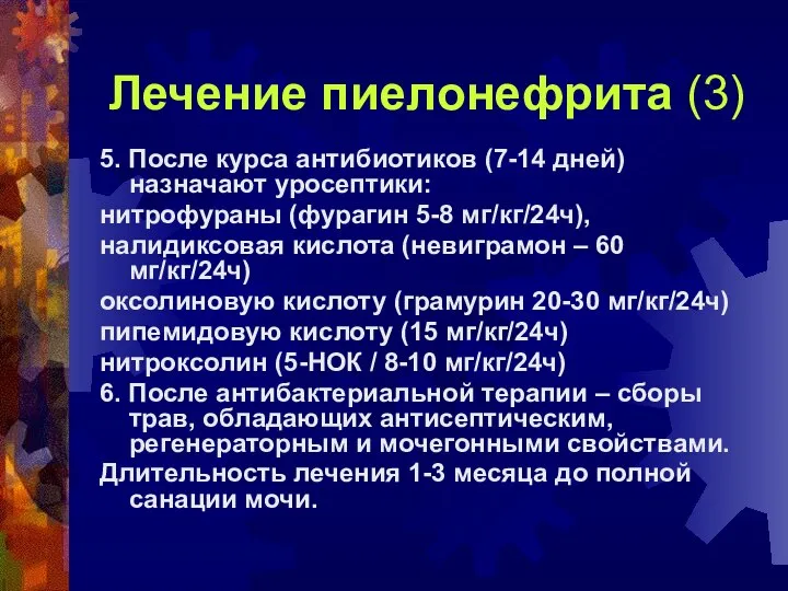 Лечение пиелонефрита (3) 5. После курса антибиотиков (7-14 дней) назначают уросептики: