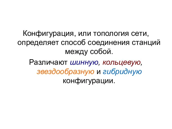 Конфигурация, или топология сети, определяет способ соединения станций между собой. Различают