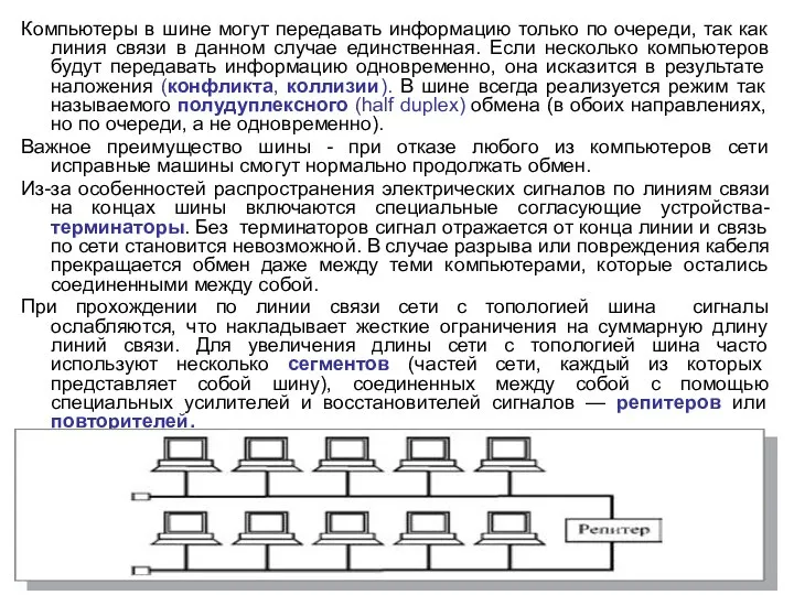 Компьютеры в шине могут передавать информацию только по очереди, так как