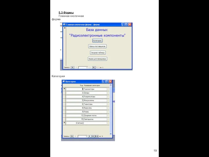5.3 Формы Главная кнопочная форма Категории 19