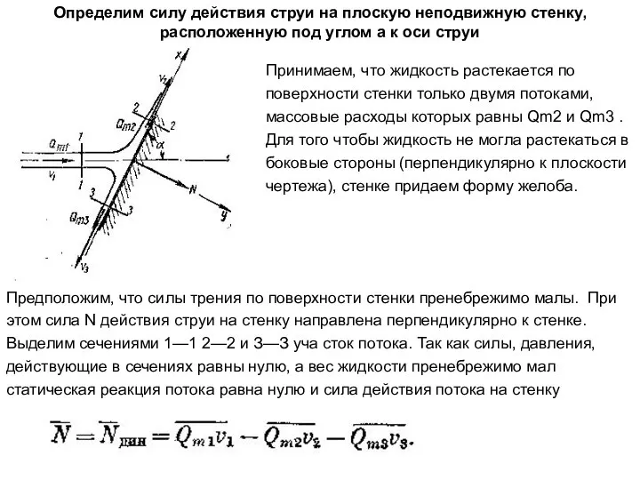 Определим силу действия струи на плоскую неподвижную стенку, расположенную под углом