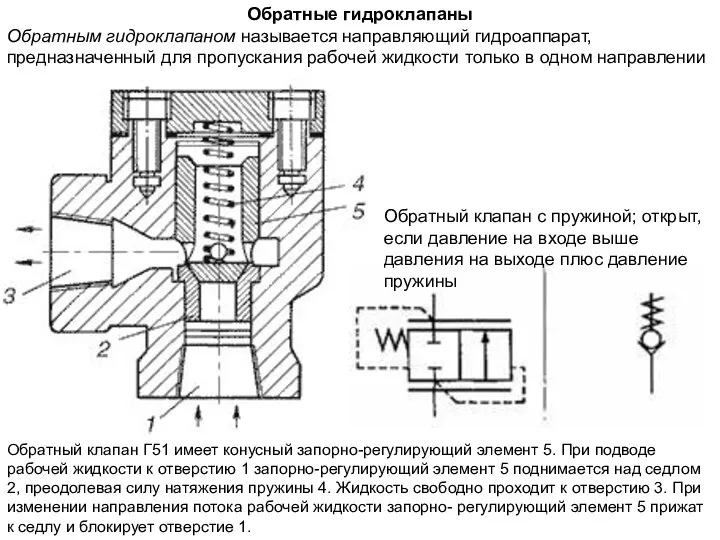 Обратные гидроклапаны Обратным гидроклапаном называется направляющий гидроаппарат, предназначенный для пропускания рабочей