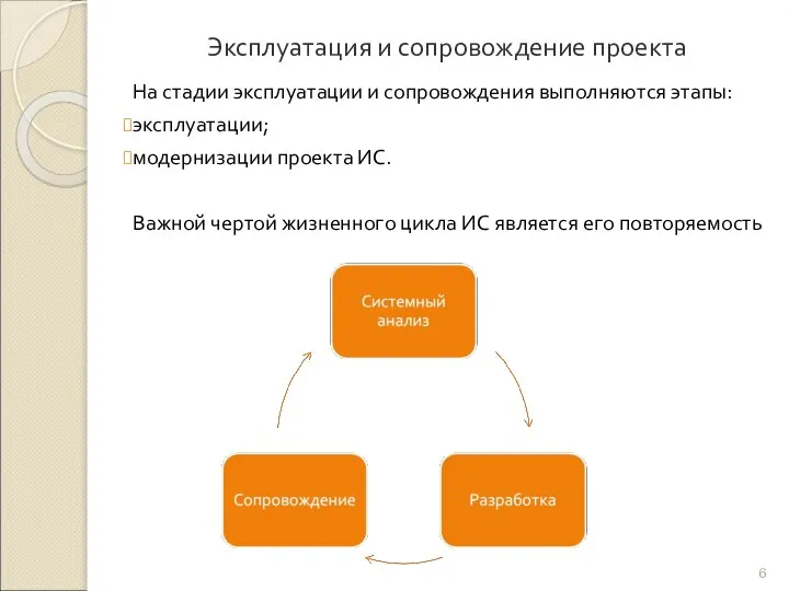 Эксплуатация и сопровождение проекта На стадии эксплуатации и сопровождения выполняются этапы: