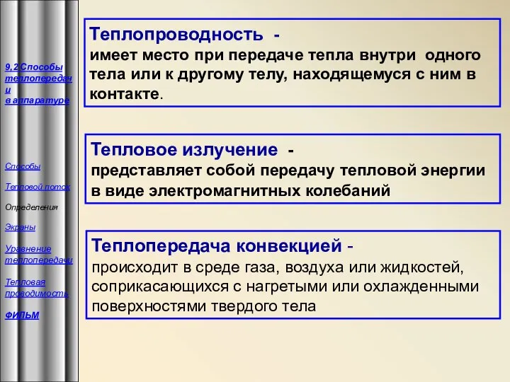 Теплопроводность - имеет место при передаче тепла внутри одного тела или