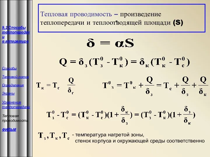 Тепловая проводимость – произведение теплопередачи и теплоотводящей площади (S) - температура