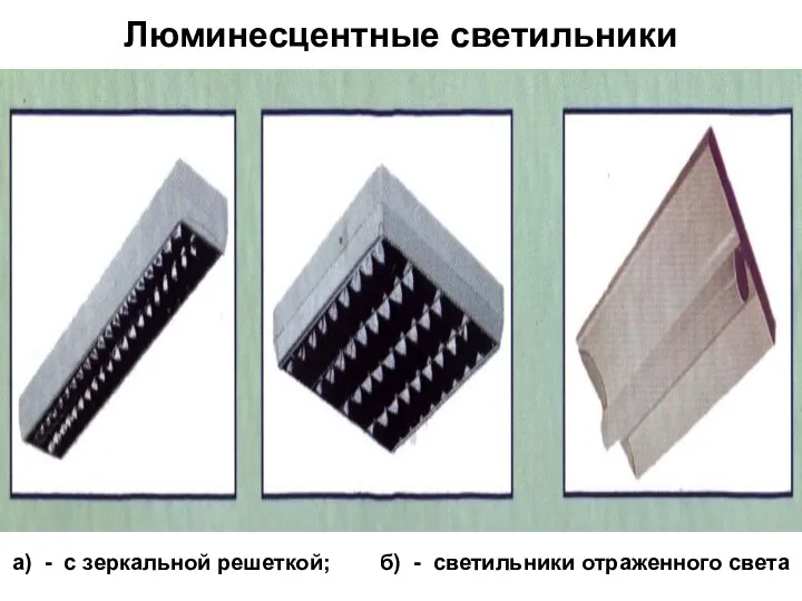 Люминесцентные светильники а) - с зеркальной решеткой; б) - светильники отраженного света