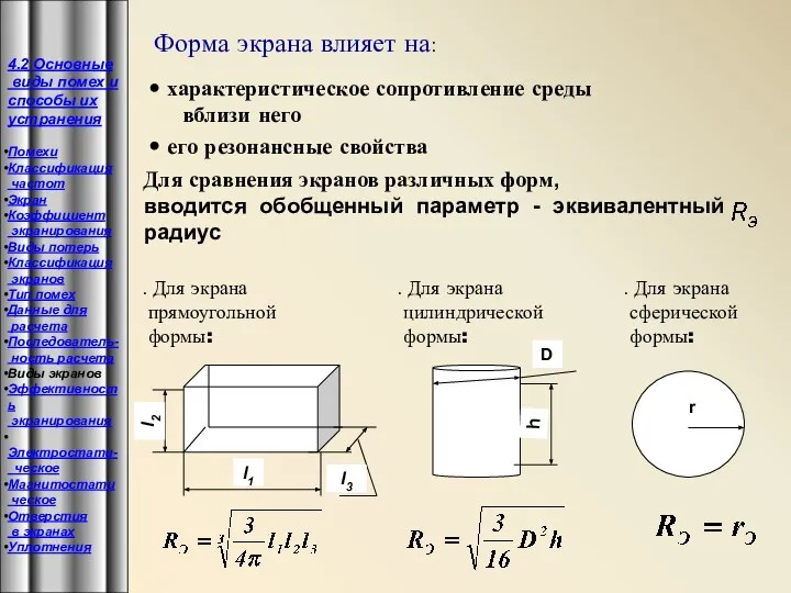 Форма экрана влияет на: характеристическое сопротивление среды вблизи него его резонансные