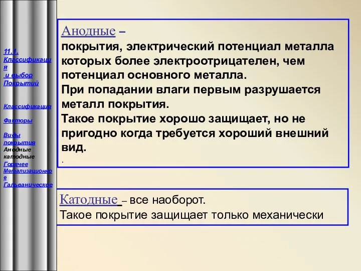 Анодные – покрытия, электрический потенциал металла которых более электроотрицателен, чем потенциал