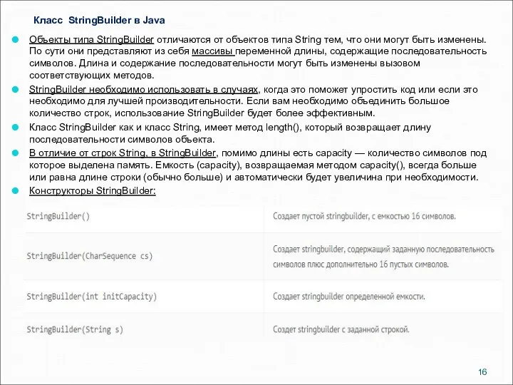 Класс StringBuilder в Java Объекты типа StringBuilder отличаются от объектов типа