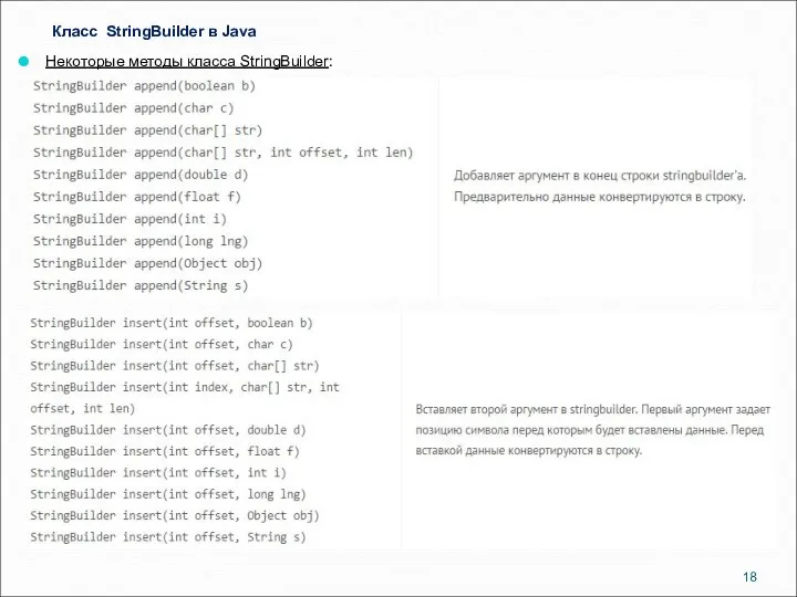Класс StringBuilder в Java Некоторые методы класса StringBuilder: