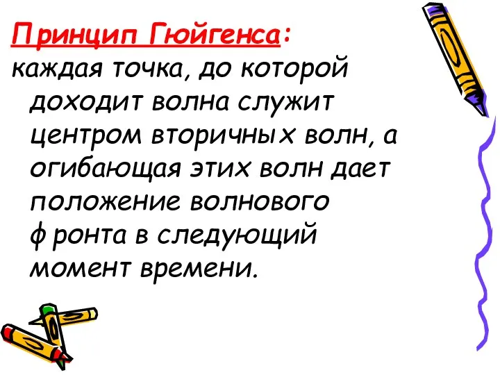 Принцип Гюйгенса: каждая точка, до которой доходит волна служит центром вторичных