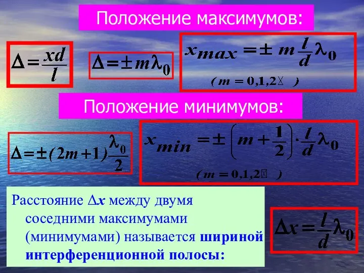 Положение максимумов: Положение минимумов: Расстояние Δx между двумя соседними максимумами (минимумами) называется шириной интерференционной полосы: