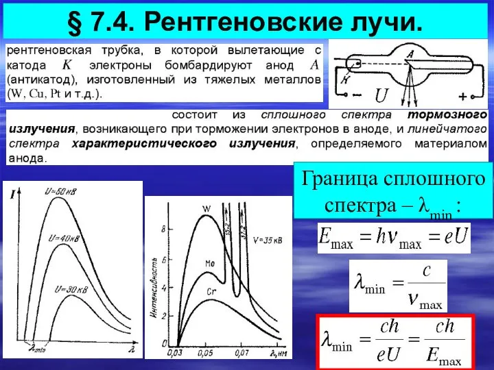 § 7.4. Рентгеновские лучи. Граница сплошного спектра – λmin :