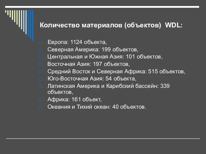 Количество материалов (объектов) WDL: Европа: 1124 объекта, Северная Америка: 199 объектов,