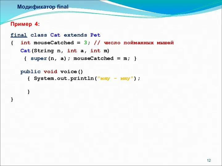 Mодификатор final Пример 4: final class Cat extends Pet { int