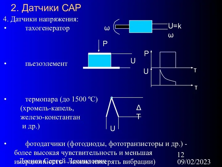 09/02/2023 Леонов Сергей Леонидович 2. Датчики САР 4. Датчики напряжения: тахогенератор