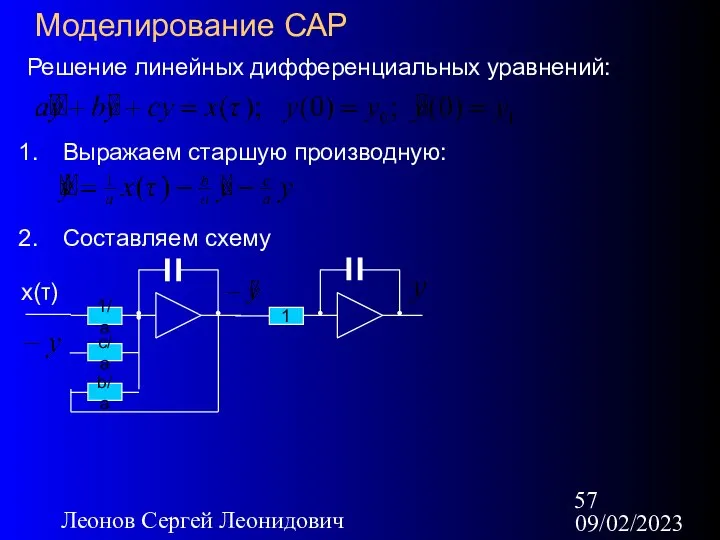 09/02/2023 Леонов Сергей Леонидович Моделирование САР Решение линейных дифференциальных уравнений: Выражаем