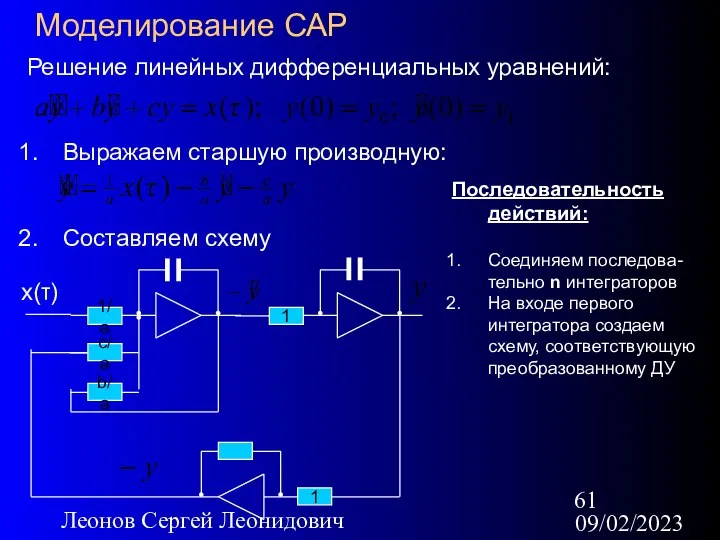 09/02/2023 Леонов Сергей Леонидович Моделирование САР Решение линейных дифференциальных уравнений: Выражаем