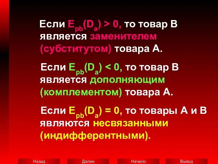 Если Epb(Da) > 0, то товар В является заменителем (субститутом) товара