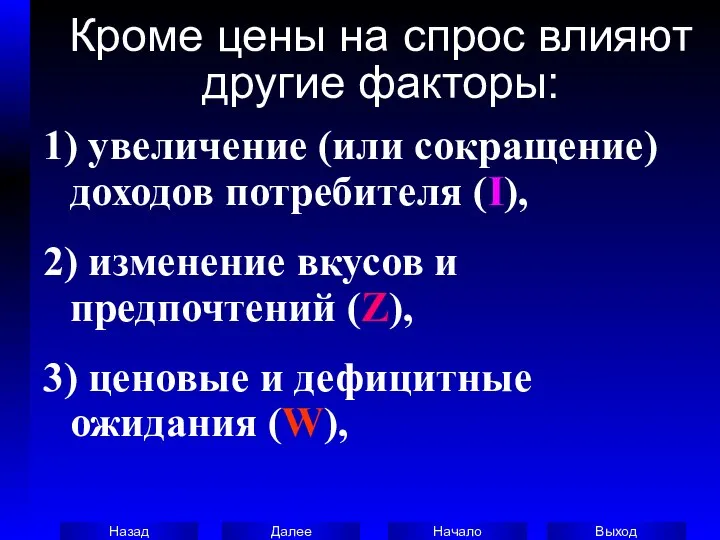 Кроме цены на спрос влияют другие факторы: 1) увеличение (или сокращение)