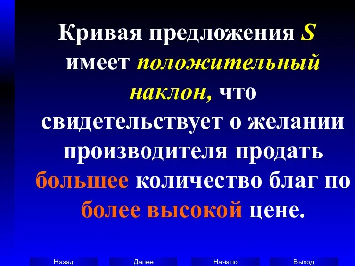 Кривая предложения S имеет положительный наклон, что свидетельствует о желании производителя