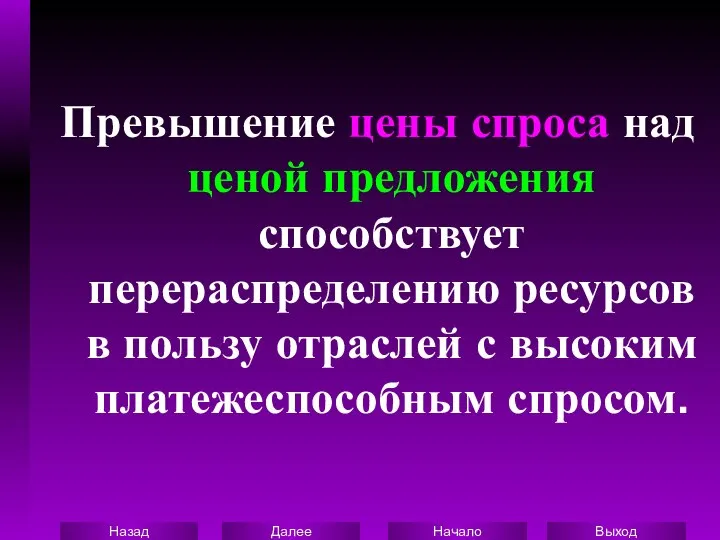 Превышение цены спроса над ценой предложения способствует перераспределению ресурсов в пользу отраслей с высоким платежеспособным спросом.