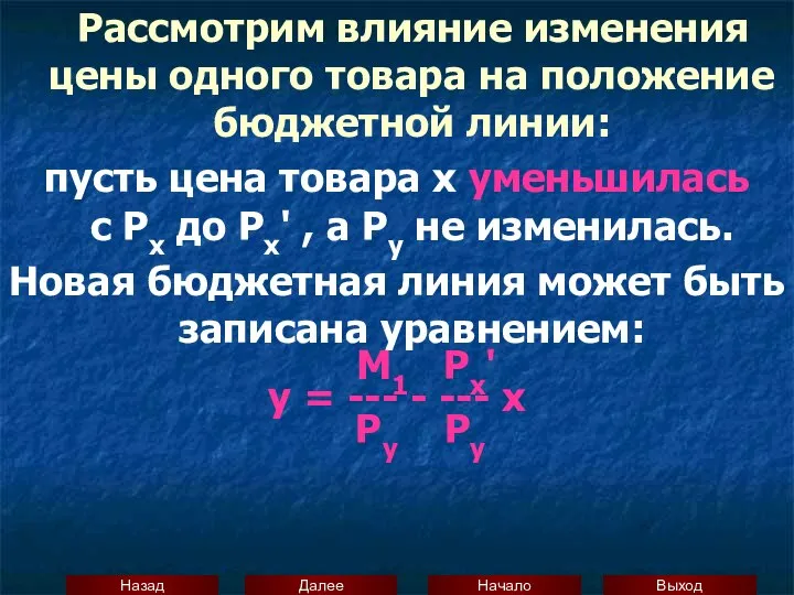 Рассмотрим влияние изменения цены одного товара на положение бюджетной линии: пусть