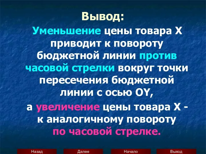 Вывод: Уменьшение цены товара Х приводит к повороту бюджетной линии против