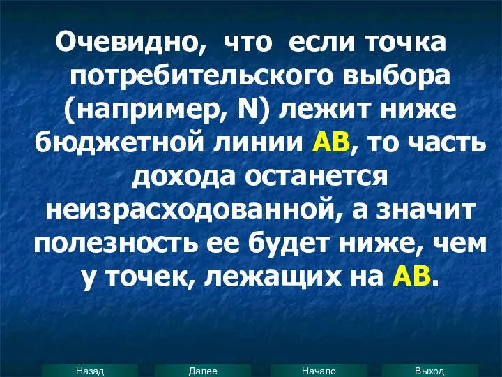 Очевидно, что если точка потребительского выбора (например, N) лежит ниже бюджетной