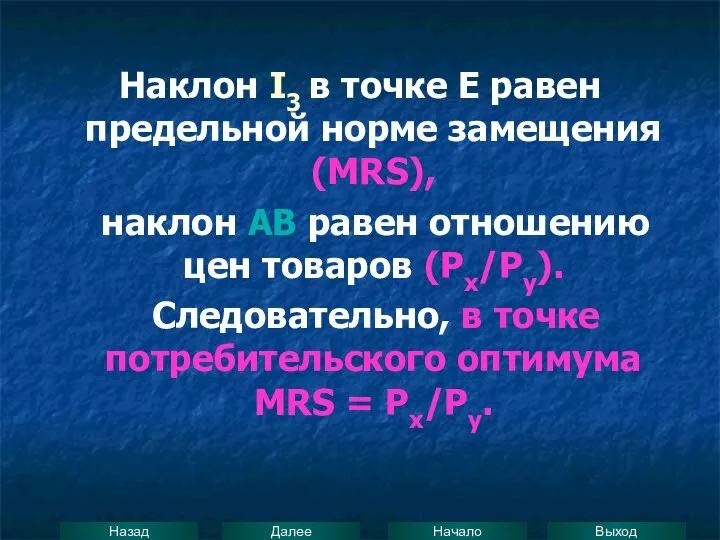 Наклон I3 в точке Е равен предельной норме замещения (MRS), наклон