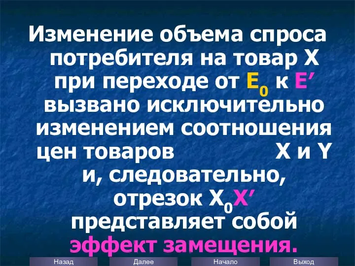 Изменение объема спроса потребителя на товар Х при переходе от Е0