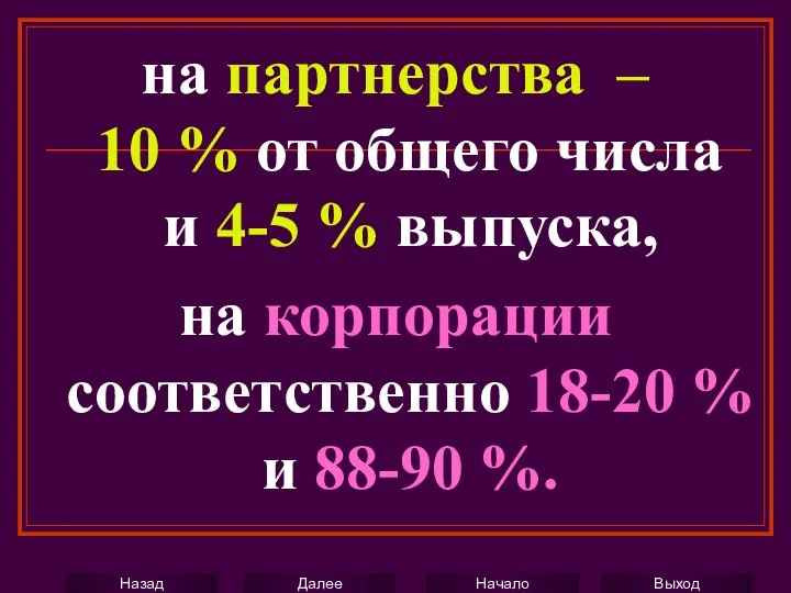 на партнерства – 10 % от общего числа и 4-5 %